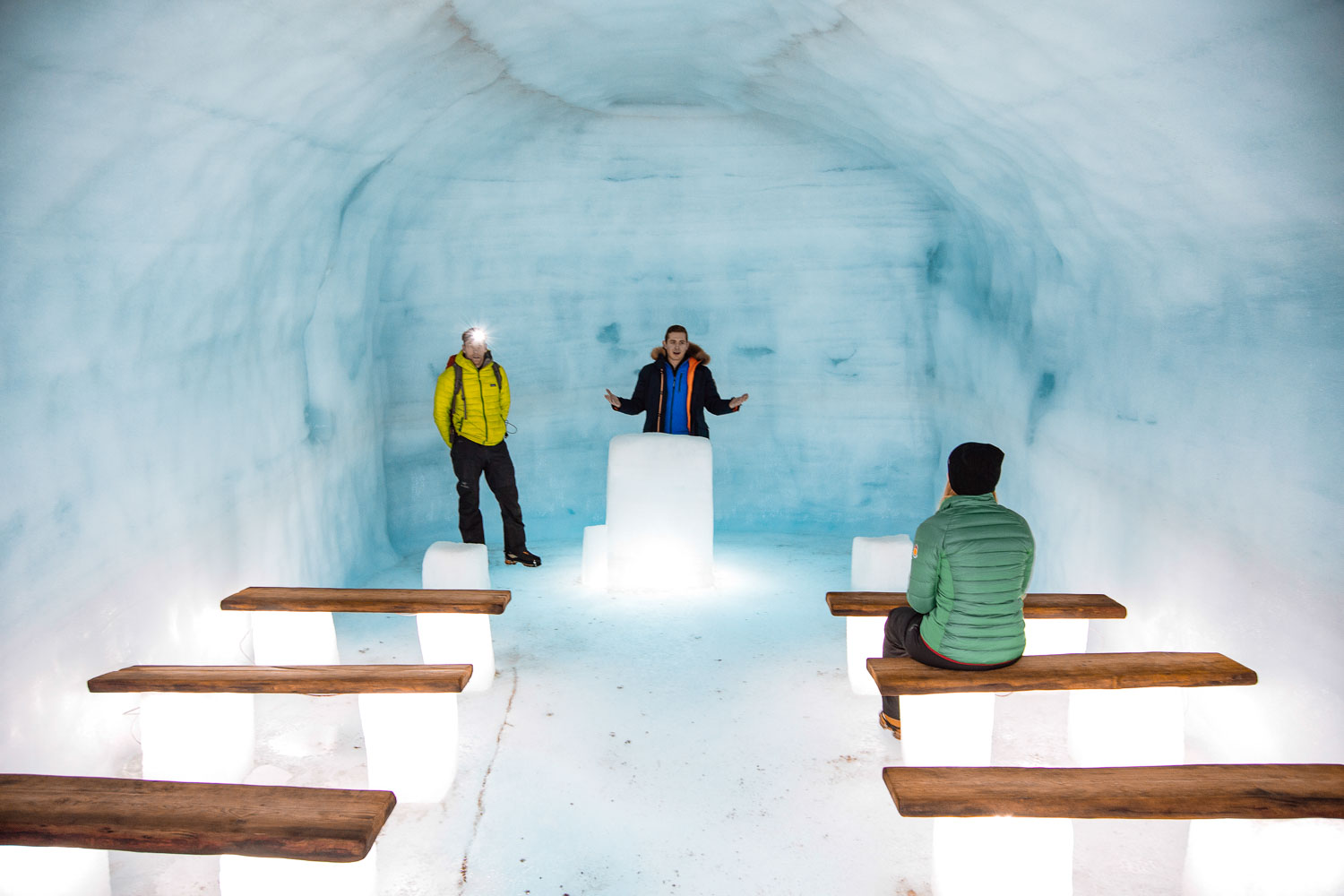 Chapel inside the man-made ice cave in Langjokull glacier, Iceland